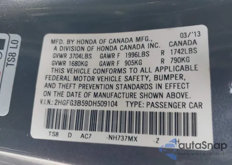 2013 Honda Civic Lx из США, поврежденный, VIN 2HGFG3B59DH509104